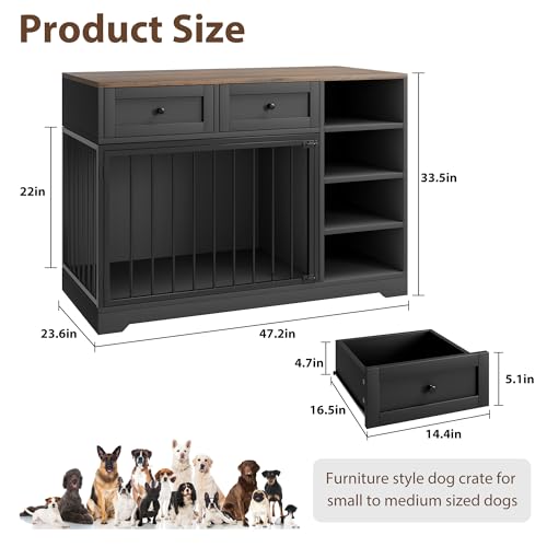 IDEALHOUSE 47" Large Dog Crate Furniture with 2 Drawers, Wooden Kennel for Medium Large Dogs, Black W8906