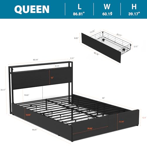 Full Size Bed Frame with Headboard, LED Lights, 4 Storage Drawers, Charging Station, Black C93321