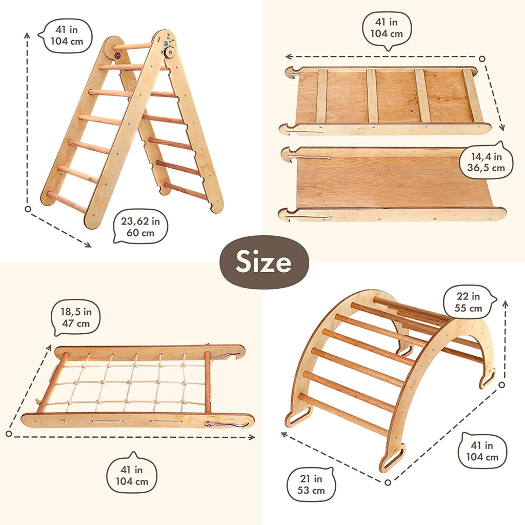 Montessori Wooden Foldable Indoor Playground with Climbing Arch, Slide Board & Spider Net for Kids K504037