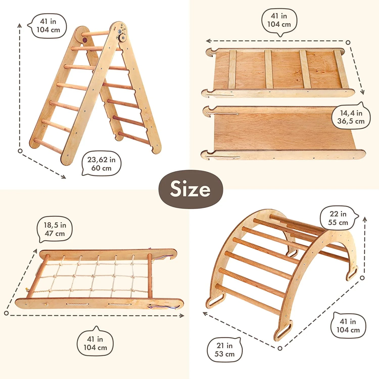 Montessori Wooden Foldable Indoor Playground with Climbing Arch, Slide Board & Spider Net for Kids K504037