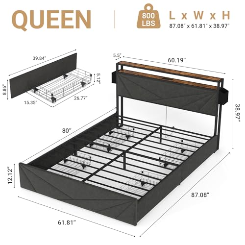 Full Size Bed Frame with Headboard, LED Lights, 4 Storage Drawers, Charging Station, Black C93321