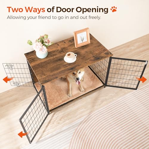 Wooden Dog Crate Furniture with Cushion, Double Doors, Greige X29262