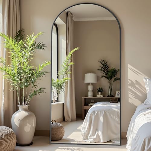 78" Oversized Arched Floor Mirror with Stand, Aluminum Frame, Black N18643