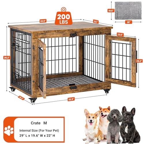 Lulive Dog Crate Furniture for Medium Dogs, 32" Wooden Kennel with Cushion & Wheels, Grey D230281