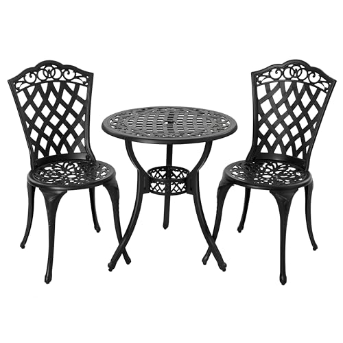 NUU GARDEN 3 Piece Cast Aluminum Bistro Set with Umbrella Hole, Black N80118