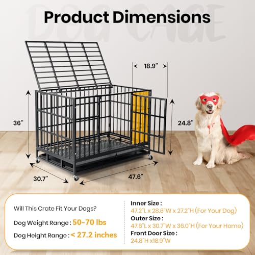 Oranland 48 inch Heavy Duty Dog Crate for Large Dogs, Double Door with Wheels J273901