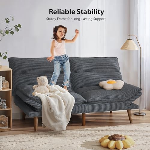 Pipishell Convertible Futon Sofa Bed, 66" Corduroy, Grey L81220