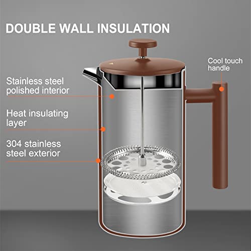 Secura French Press Coffee Maker, 34oz Stainless Steel Insulated, Silver W447
