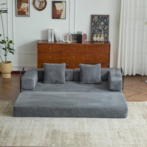 Corduroy Floor Sofa Bed with Backrest, Armrest and 2 Pillows, Dark Gray L776530