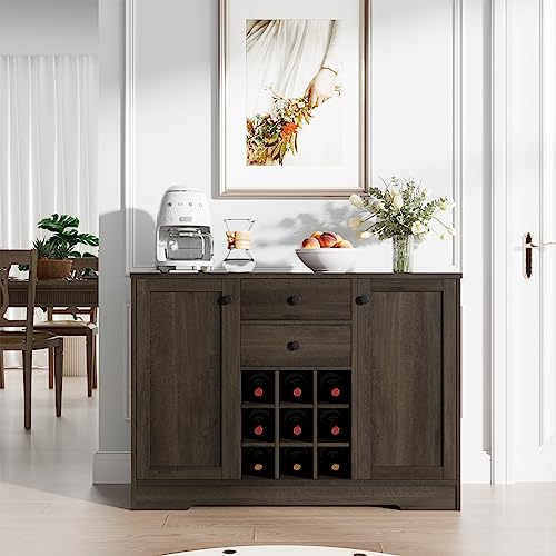 Farmhouse Buffet Sideboard Bar Cabinet with Storage, Dark Brown A255