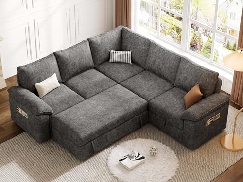 108 Inch U-Shaped Sectional Sleeper Sofa with Pull Out Bed, Dark Grey J60928