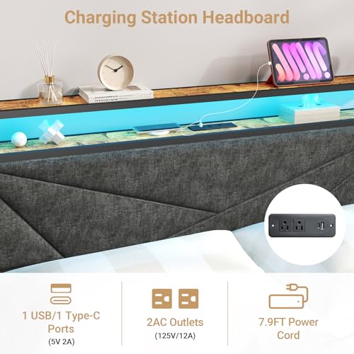 Full Size Bed Frame with Headboard, LED Lights, 4 Storage Drawers, Charging Station, Black C93321