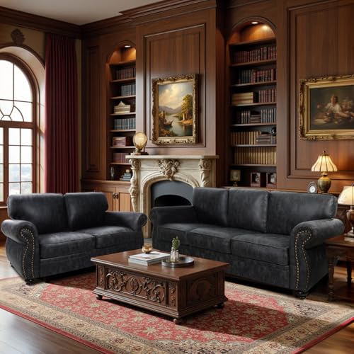 Mid-Century 3-Seater Sofa with Rivet Design, Removable Cover and Solid Wood Frame I150