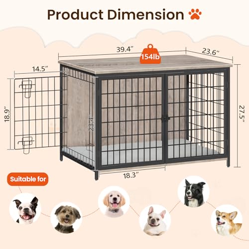 Wooden Dog Crate Furniture with Cushion, Double Doors, Greige X29262