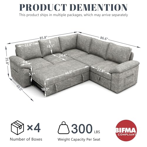 108 Inch U-Shaped Sectional Sleeper Sofa with Pull Out Bed, Dark Grey J60928