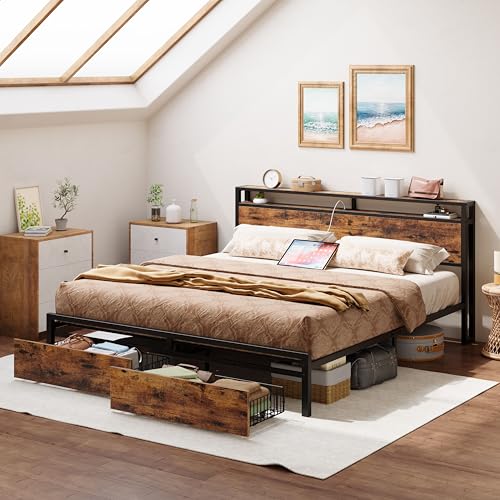 LIKIMIO King Bed Frame with Storage Headboard and Charging Station, Vintage Brown X317