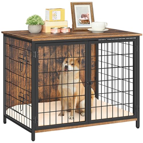 Wooden Dog Crate Furniture with Cushion, Double Doors, Greige X29262