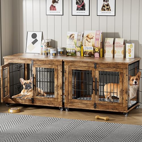 Lulive Dog Crate Furniture for Medium Dogs, 32" Wooden Kennel with Cushion & Wheels, Grey D230281