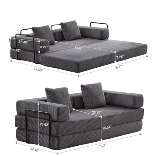 Corduroy Floor Sofa Bed with Backrest, Armrest and 2 Pillows, Dark Gray L776530