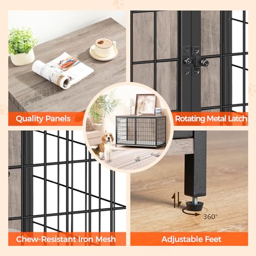 Wooden Dog Crate Furniture with Cushion, Double Doors, Greige X29262