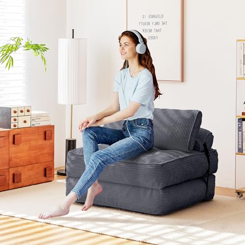 GYUTEI Folding Sofa Bed Convertible Sleeping Chair with Corduroy Fabric, Grayish Blue E807