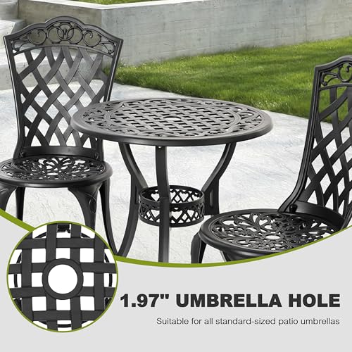 NUU GARDEN 3 Piece Cast Aluminum Bistro Set with Umbrella Hole, Black N80118