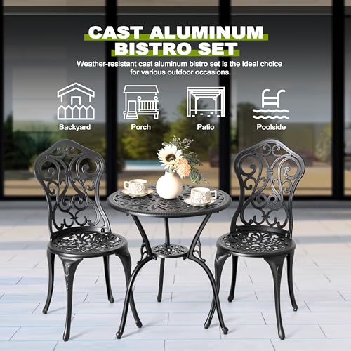 NUU GARDEN 3 Piece Cast Aluminum Bistro Set with Umbrella Hole, Black N80118