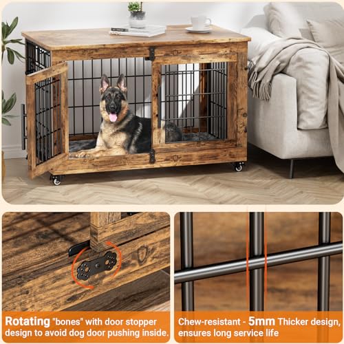 Lulive Dog Crate Furniture for Medium Dogs, 32" Wooden Kennel with Cushion & Wheels, Grey D230281