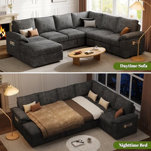 108 Inch U-Shaped Sectional Sleeper Sofa with Pull Out Bed, Dark Grey J60928