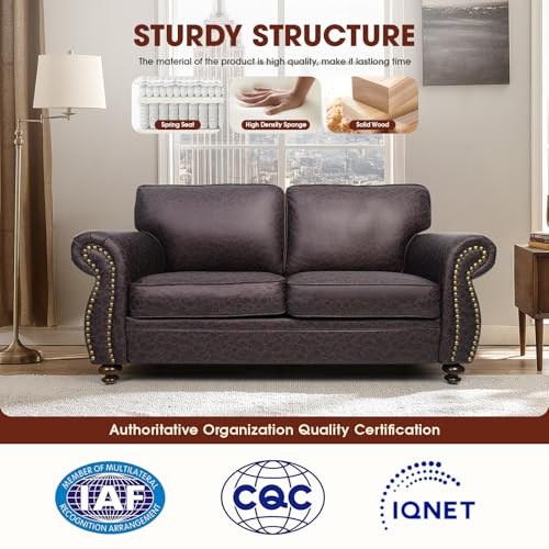 Mid-Century 3-Seater Sofa with Rivet Design, Removable Cover and Solid Wood Frame I150