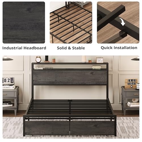 LIKIMIO King Bed Frame with Storage Headboard and Charging Station, Vintage Brown X317