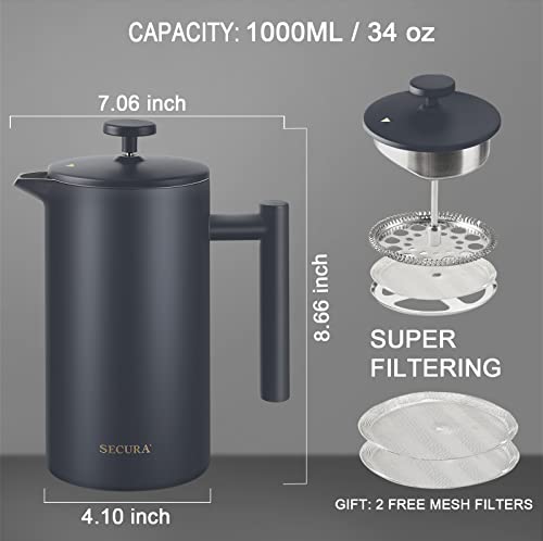 Secura French Press Coffee Maker, 34oz Stainless Steel Insulated, Silver W447