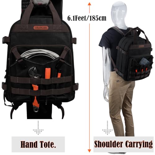 WELKINLAND 90-Pocket Electrician Backpack, Black Wax-Canvas Tool Bag, 28L V29684