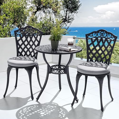 NUU GARDEN 3 Piece Cast Aluminum Bistro Set with Umbrella Hole, Black N80118