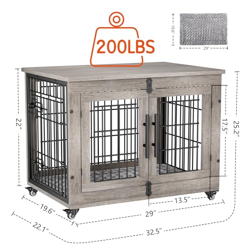 Lulive Dog Crate Furniture for Medium Dogs, 32" Wooden Kennel with Cushion & Wheels, Grey D230281