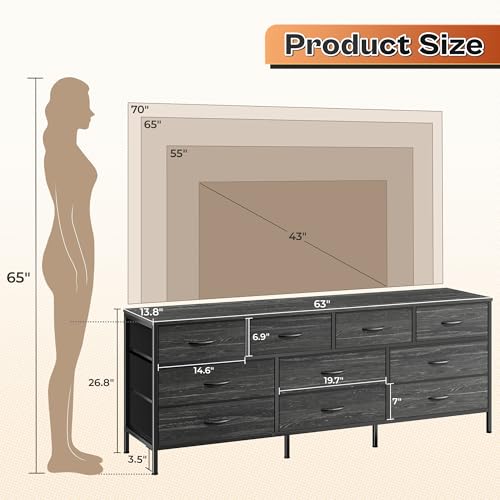 Huuger 63 Inch Dresser with 10 Fabric Drawers, Rustic Brown M836