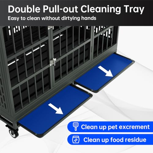 Heavy Duty Dog Crate with Wheels for Large Dogs, Folding Metal Cage with Removable Tray R395