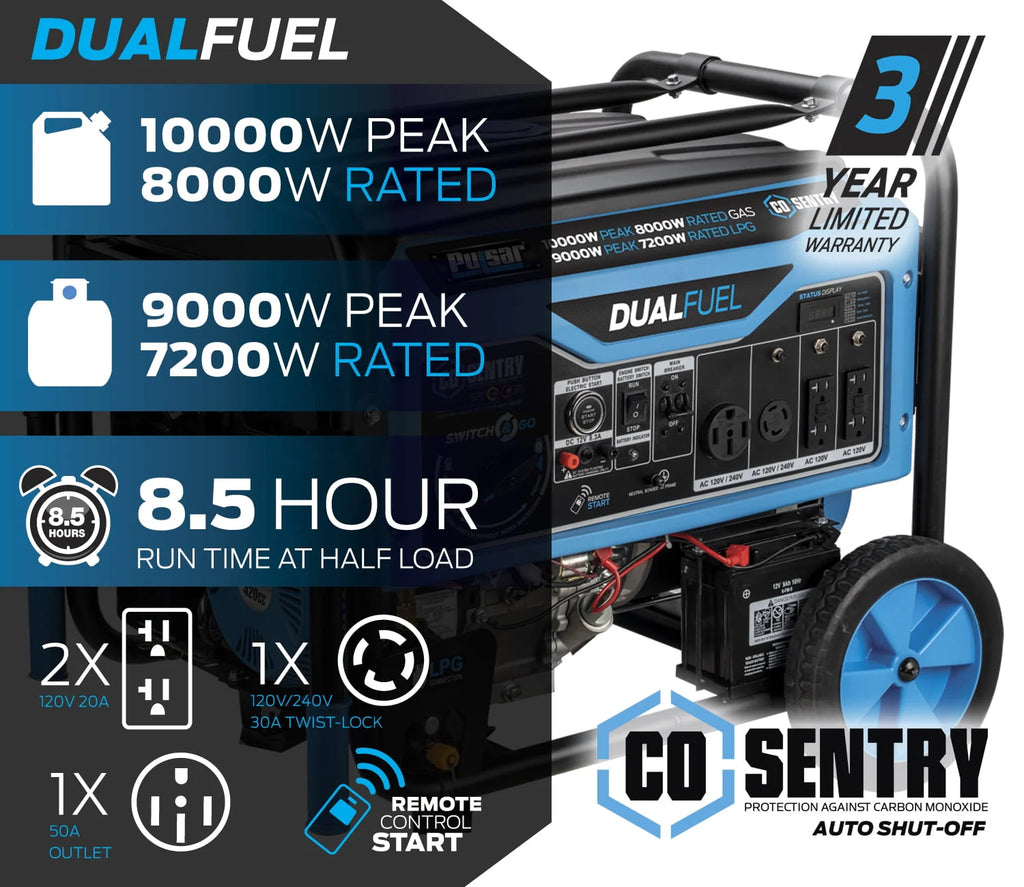 Pulsar 10,000 Watt Dual Fuel Portable Generator with Remote Start O822