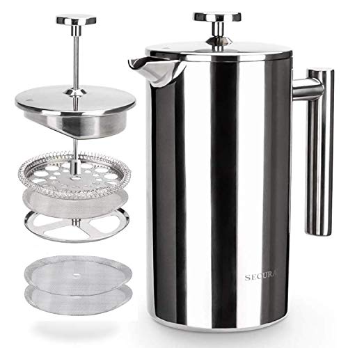 Secura French Press Coffee Maker, 34oz Stainless Steel Insulated, Silver W447