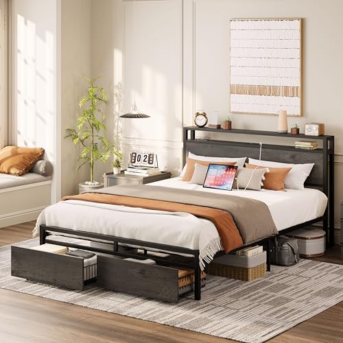 LIKIMIO King Bed Frame with Storage Headboard and Charging Station, Vintage Brown X317