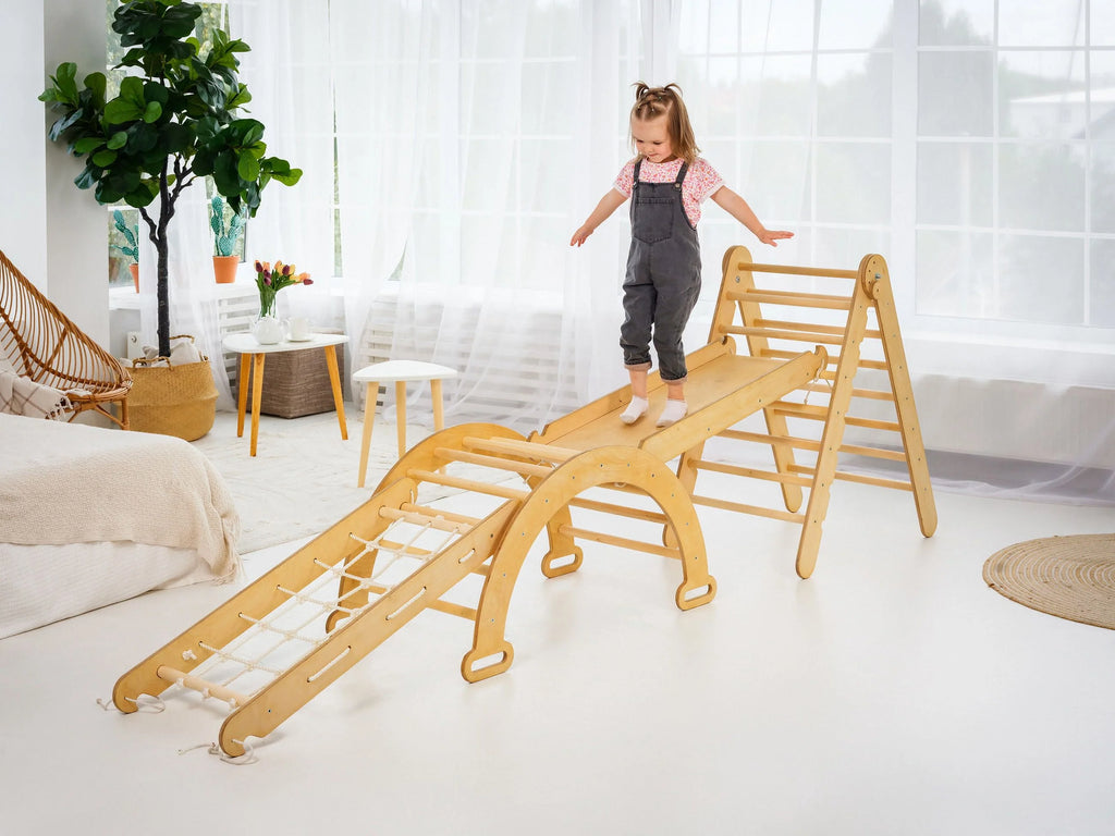Montessori Wooden Foldable Indoor Playground with Climbing Arch, Slide Board & Spider Net for Kids K504037