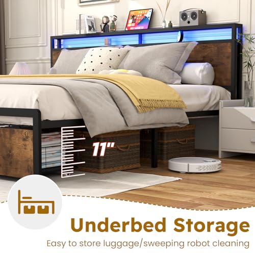 Full Size Bed Frame with Headboard, LED Lights, 4 Storage Drawers, Charging Station, Black C93321