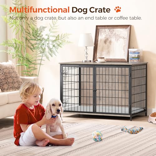 Wooden Dog Crate Furniture with Cushion, Double Doors, Greige X29262