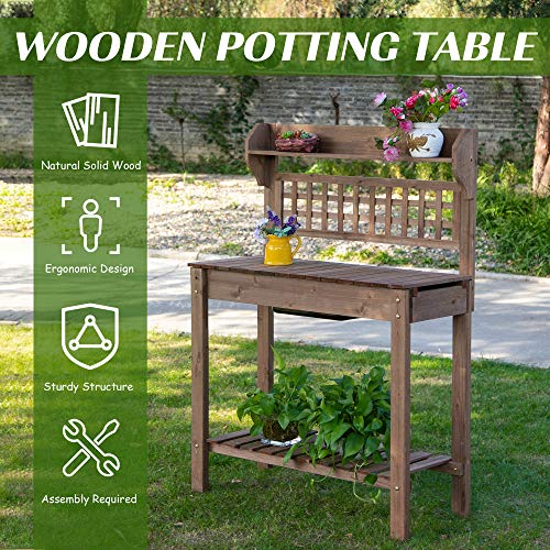 Outsunny Wooden Potting Bench Table with Sliding Tabletop and Storage Shelf M52235