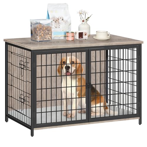 Wooden Dog Crate Furniture with Cushion, Double Doors, Greige X29262