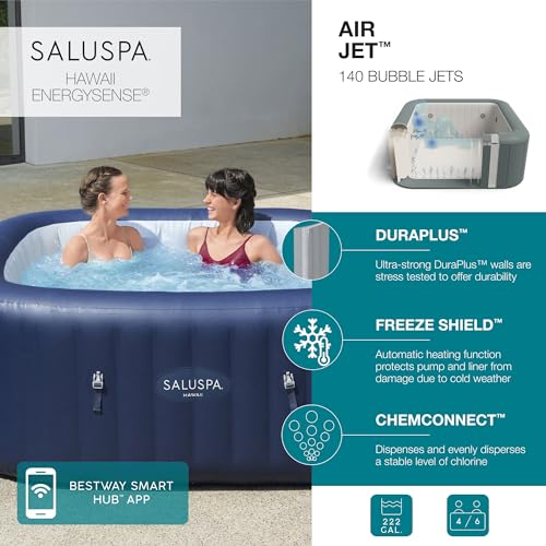 Bestway SaluSpa Hawaii AirJet 4-6 Person Inflatable Hot Tub Square Portable Outdoor Spa with EnergySense Cover N194