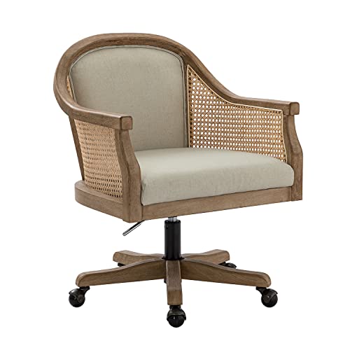 HULALA HOME Rattan Desk Chair, Upholstered Swivel Office Chair with Armrest, Ivory Z2505