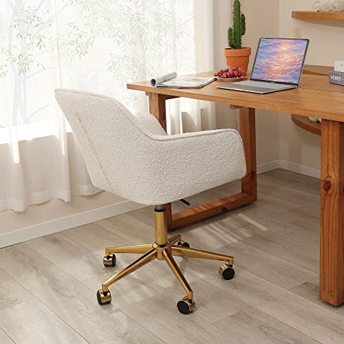 Zesthouse Modern Desk Chair with Wheels, White Swivel Vanity Chair, Boucle Upholstered, Height Adjustable I294