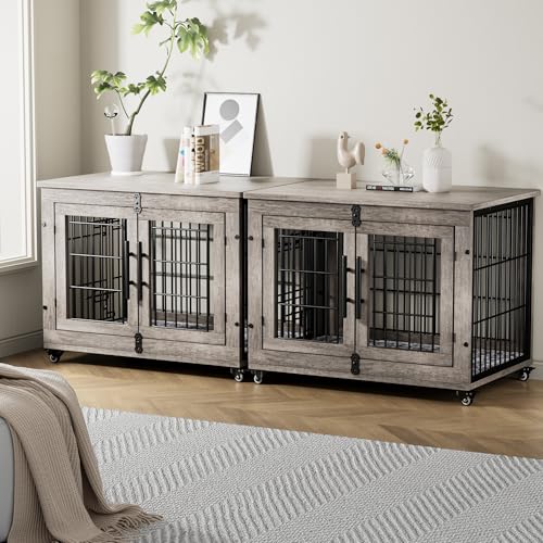 Lulive Dog Crate Furniture for Medium Dogs, 32" Wooden Kennel with Cushion & Wheels, Grey D230281