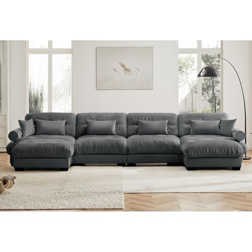 130" Modular Sectional Sofa with Movable Ottoman, Velvet Upholstered, Green Y4976